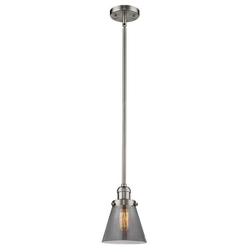 Small Cone 1-Light LED Pendant, Brushed Satin Nickel, Glass: Smoked
