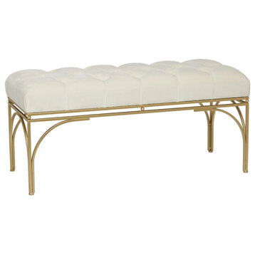 Contemporary Bench, Golden Metal Frame With Arched Accents & Velvet Seat, White