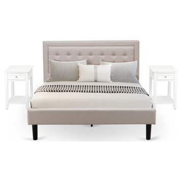 3-Piece Platform Queen Bedroom Set, 1 Upholstered Bed, 2 Nightstands Mist Beige