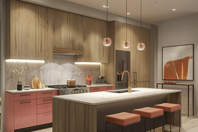 Inspiration for a large modern light wood floor kitchen remodel in Miami with an undermount sink, flat-panel cabinets, medium tone wood cabinets, marble countertops, gray backsplash, marble backsplash, stainless steel appliances, an island and beige countertops