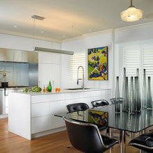 Planatation shutters and kitchen dining layout