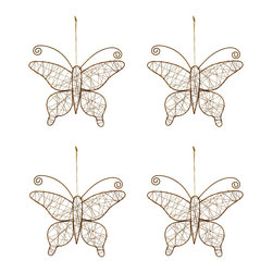 Shea's Wildflower - Rusty Wire Butterflies With Raffia Hanger, Set Of 4 - Wreaths And Garlands