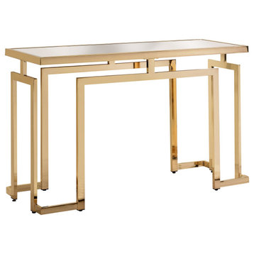 Contemporary Console Table, Stunning Geometric Metal Base With Glass Top, Gold
