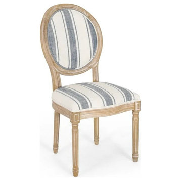 2 Pack Dining Chair, Fluted Legs & Round Back, Dark Blue Stripes Fabric/Naturak