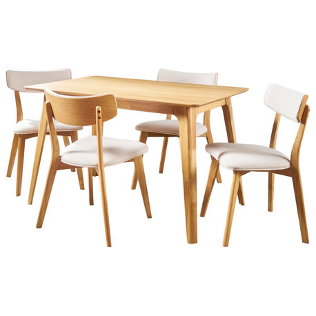 GDF Studio 5-Piece Meanda Mid Century Wood Dining Set, Light Beige
