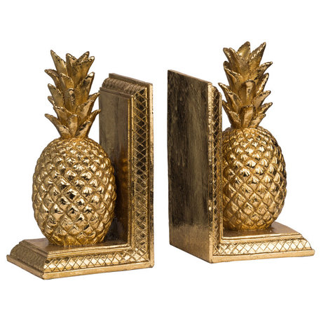 Benzara BM285570 10" Bookends, Pineapple Decorative Statuette, Gold Resin