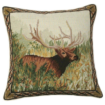 Throw Pillow Needlepoint Elk in the Woods 18x18 Beige Velvet Cotton