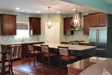 Large transitional l-shaped dark wood floor eat-in kitchen photo in Other with a single-bowl sink, recessed-panel cabinets, dark wood cabinets, quartzite countertops, stainless steel appliances and an island