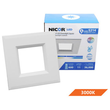 NICOR 4" Square LED Retrofit Downlight Kit, Dimmable, White, 3000k