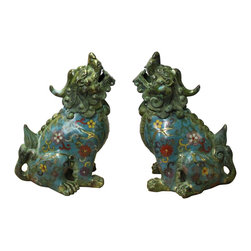 Chinese Pair Metal Blue Enamel Cloisonne Foo Dog Figures - Decorative Objects And Figurines