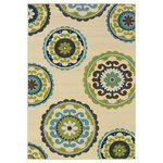 Newcastle Home - Coronado Indoor and Outdoor Medallion Ivory and Green Rug, 5'3"x7'6" - Coronado is a striking new indoor/outdoor collection in trend-forward shades of indigo and Mediterranean blue and bright lime green.  Simple, sophisticated patterns come alive with tons of texture and pops of bright color.  It is a collection of high-style, high durability rugs that are perfect for the outdoors or for any room in the home.  Machine made of 100% polypropylene.