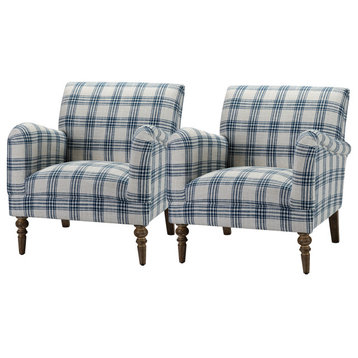 Upholstered Amchair With Plaid Pattern Set of 2, Navy