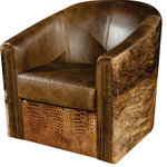 Artistic Leathers - Rustic Swivel Tub Accent Chair - Crafted from 100% leather, the Rustic Swivel Tub Accent Chair from Artistic Leathers combines smooth textures with natural hide and croc print. Fitting snugly into any space, this piece brings a warm touch to any living space with its deep earthy tones. Complete with traditional studded detailing, this chair from Artistic Leathers boasts clean lines and an uncomplicated silhouette, exuding a quiet elegance that blends seamlessly with a range of decor styles.