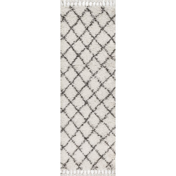 Mercer Shag Plush Tassel Moroccan Geometric Trellis Area Rug, Cream/Grey, 2 X 8