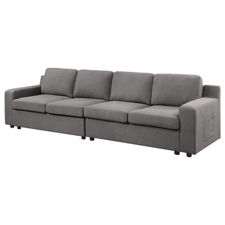 Waylon Gray Fabric Linen 4-Seater Sofa with Pockets and Black Legs