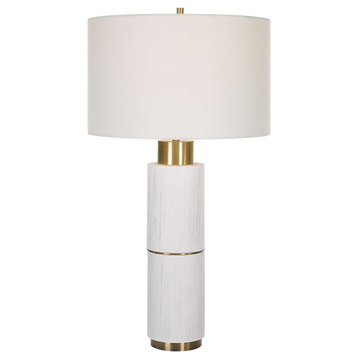 Textured White Faux Wood Column Table Lamp Cylinder Brass Gold MidCentury Modern