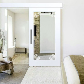 Mirrored Sliding Barn Door with Mirror Insert + Frosted Design, 1x Mirror, 38"x84"inches