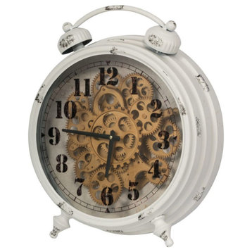 Classic Metal Table Clock With Gears Front & Distressed Details, White & Gold