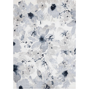 Soft Collection Cream Gray Blue Floral Pattern Area Rug, 6'7"x9'6"