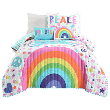 Unicorn Rainbow Quilt Set, White/Multi, Twin, 4 Piece