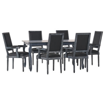 Regan French Country Fabric Upholstered Wood Expandable 7-Piece Dining Set, Gray/Black
