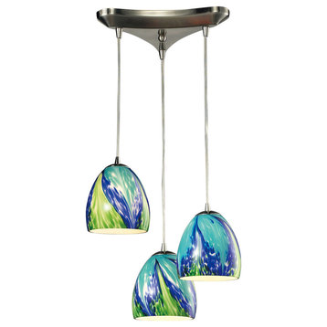 Colorwave 3 Light Mini Pendant, Satin Nickel, Tropics Glass, Incandescent
