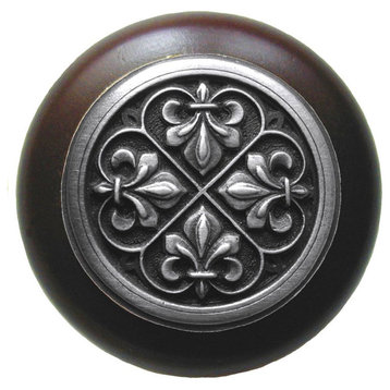 Fleur-De-Lis Walnut Wood Knob, Antique-Style Pewter