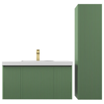 Floating Bath Vanity, Wall Mounted Vanity, Green, 36" W/ Sink, Side Cabinet