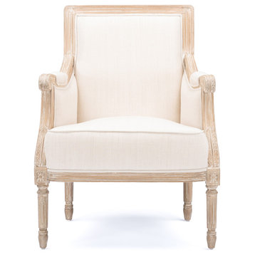 Chavanon Wood and Light Beige Linen Traditional French Accent Chair
