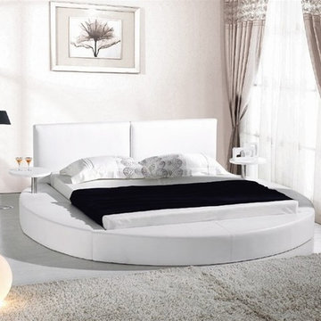 White Leather Queen Size Round Platform Bed With Two Attached Tables
