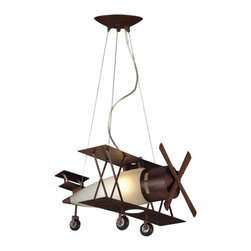 Biplane Fighter Pendant, Walnut Finish - Kids Ceiling Lighting
