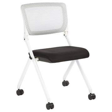 Folding Chair With Screen Back and Fabric Mesh Seat, White Frame, Black