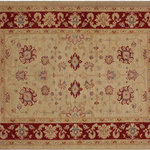 Bareens Designer Rugs - Boho Chic Ziegler Stratton Ivory Red Hand-Knotted Wool Rug - 3'4'' x 4'9'' - Enhance the ambiance of your home with this magnificent Persian-influenced Turkish hand-knotted rug made by skilled artisans capable of creating the most exceptional vegetable dyes and hand-spun wool. This exquisite handmade rug is a one-of-a-kind Peshawar Kafkaz, otherwise identified as Chobi, Chobi Peshawar, Oushak, or Ziegler rug. These handmade rugs are crafted in Pakistan utilizing superior-quality wool imported from Australia, New Zealand, and Korea in two types of weaves: the Persian weave and the Mori weave. This rug is meticulously crafted by hand using the finest natural vegetable dyes extracted from local plants. The artisans use a blend of hand-spun local and fine merino wool, resulting in a rug with a compelling texture, higher lanolin content, and longer staple. The artisans occasionally incorporate natural or artificial silk into the pile to enhance specific motifs. The finished product is an awe-inspiring execution of flawless design and an understated palette that exudes elegance.