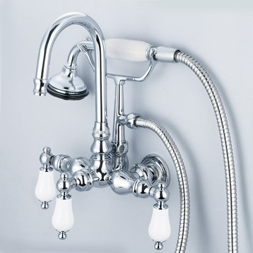 Vintage 3-3/8" Center Wallmount Tub Faucet & Handshower, Porcelain lever handles