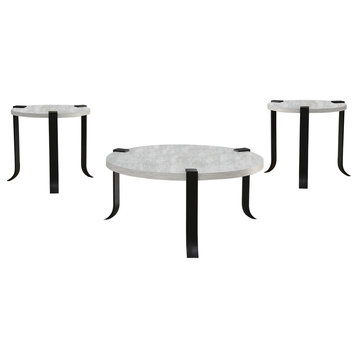 3 Pieces Coffee Table Set, Flat Metal Legs With Round Top, Black/Antique White