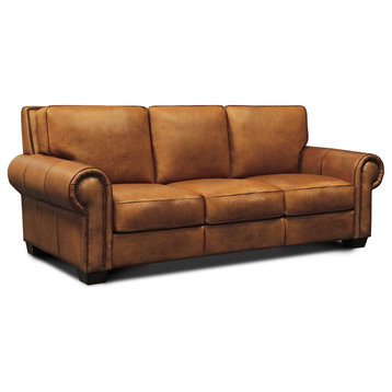 Valencia 100% Top Grain Hand Antiqued Leather Traditional Sofa, Tan