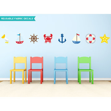 Nautical Fabric Wall Decals, Set of 8 With Pelican, Saliboats, Anchor, and More