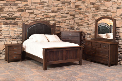 Large mountain style master ceramic tile and multicolored floor bedroom photo in Other with multicolored walls