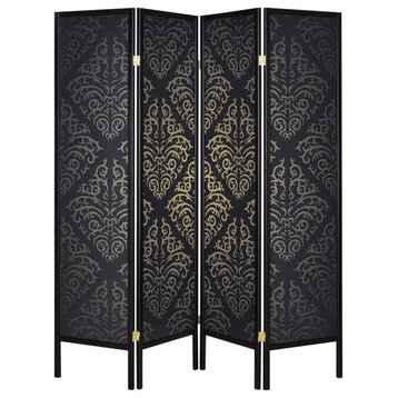 Benzara BM160106 Captivating Four Panel Folding Screen With Damask Print, Black