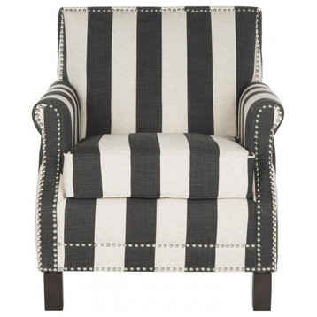 Jennifer Club Chair With Awning Stripes Silver Nail Heads Dark Grey/ White
