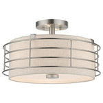 Livex Lighting - Blanchard 3-Light Brushed Nickel Large Semi-Flush - The Blanchard semi-flush mount adds refined style and a hint of mystery to your d�cor. The brushed nickel finish and an oatmeal handcrafted hardback shade create warm illumination, while soft light brings to life the intricate fretwork pattern. This medium three-light semi flush mount will add a sophisticated and glamorous look to almost any interior design style. It will work great in the living room, hallway, over the dining or kitchen table and the bedroom.
