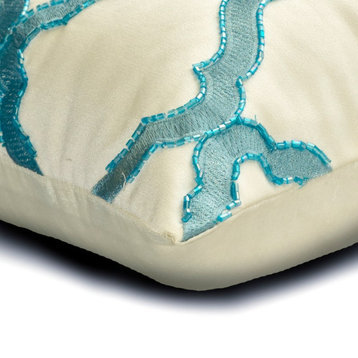 Blue Silk 12"x18" Lumbar Pillow Cover Beaded Embroidered - Claudia