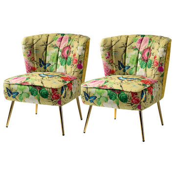 Upholstered Accent Side Chair With Tufted Back Set of 2, Mustard