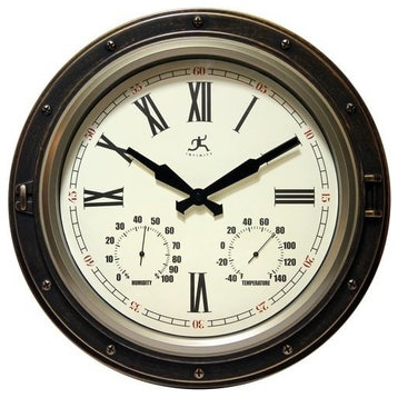 16" Round Wall Clock, Bronze Finish Case, Built-in Thermometer