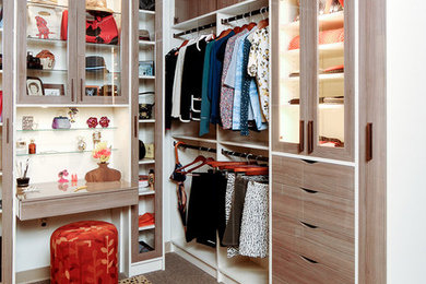 Design ideas for a contemporary walk-in wardrobe in Philadelphia with flat-panel cabinets and medium wood cabinets.