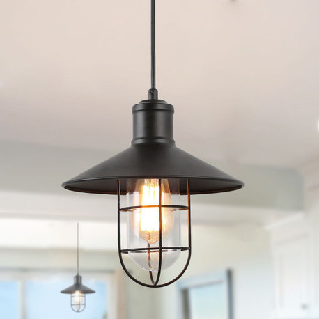 LALUZ 10.2-in Black and Clear Glass Farmhouse Cage Pendant Lighting