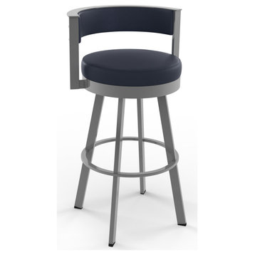 Amisco Browser Swivel Counter and Bar Stool, Navy Blue Faux Leather / Metallic Grey Metal, Counter Height