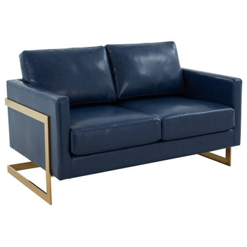 Modern Mid-Century Upholstered Leather Loveseat, Gold Frame, Navy Blue, LA55BU-L