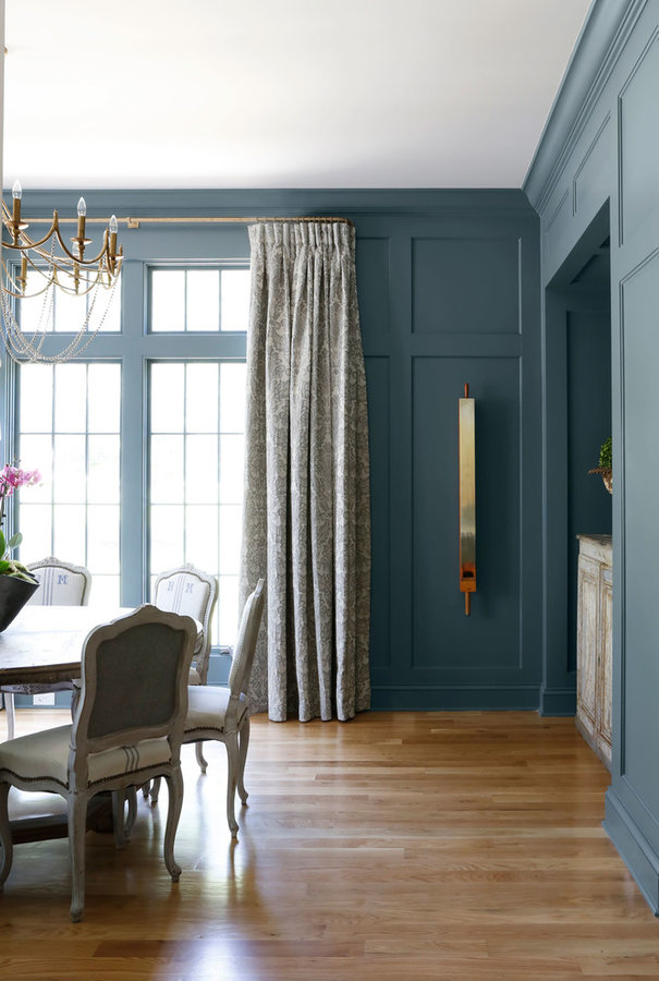 Deep Gray Blue Walls, Antique grain sack upholstered chairs, Bleached Oak Antiqu