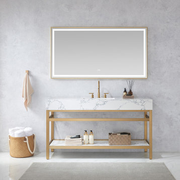 Ecija Bath Vanity, Metal Support with Stone Top, Brushed Gold, 60 in. Single Sink, With Mirror